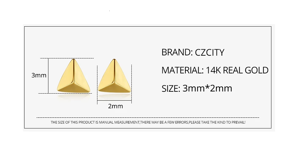 CZCITY, Настоящее 14 К золото, простые треугольные серьги-гвоздики для женщин и девочек, желтое золото, геометрические маленькие ювелирные изделия Au585 Brincos E14122