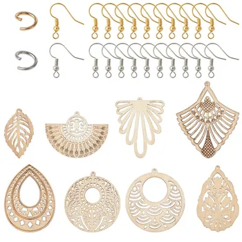 

1 Set Mixed Shapes DIY Earring Making, with Wood Big Pendants, 304 Stainless Steel Jump Rings and Brass Earring Hooks