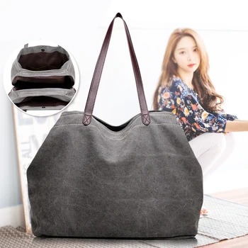 

Women's Canvas Handbags High Quality Female Hobos Single Shoulder Bags Vintage Solid Multi-pocket Ladies Totes