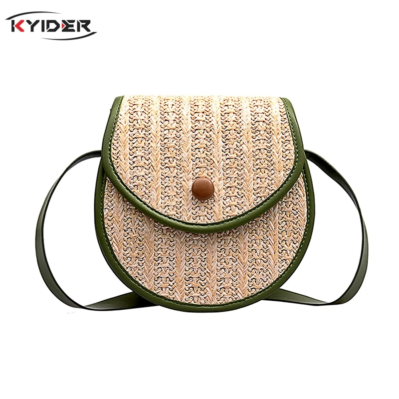 

KYIDER Saddle Bag Style Straw+leather Handbag Women Summer Rattan Bag Handmade Woven Beach Circle Shoulder Bag New Fashion Tote