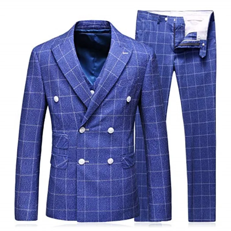 

Mens 3 Pieces sets The latest custom 2020 men's blue plaid men's wedding ball fashion dress jacket+vest+trousers