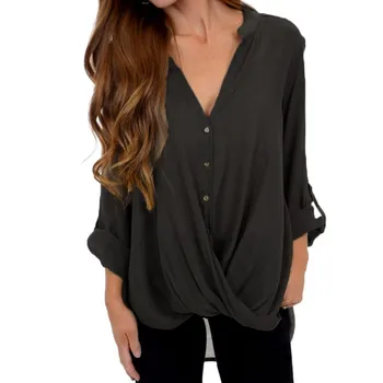 

Autumn New European And USA Style Solid Color Irregular Hem Blouse Fashion Sexy Deep V-neck Long-sleeved Women Shirt!