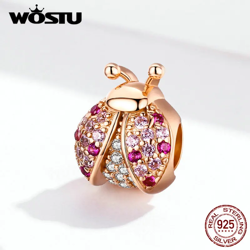WOSTU, 925 пробы, серебряные, божья коровка, подвески, розовое золото, розовый циркон, бусины, подходят к оригинальным браслетам, подвеска, свадебные ювелирные изделия, DXC1120-C