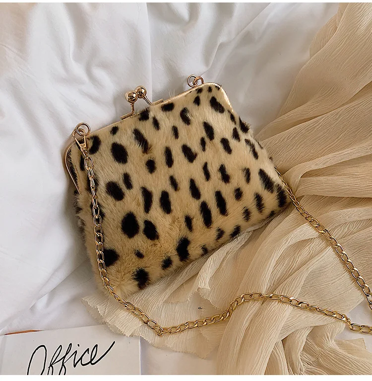 

Luxury Vintage Plush Leopard Women Handbag Party Prom Wedding Shoulder Messenger Bag Designer Clip Evening Bag Mobile Phone Bag