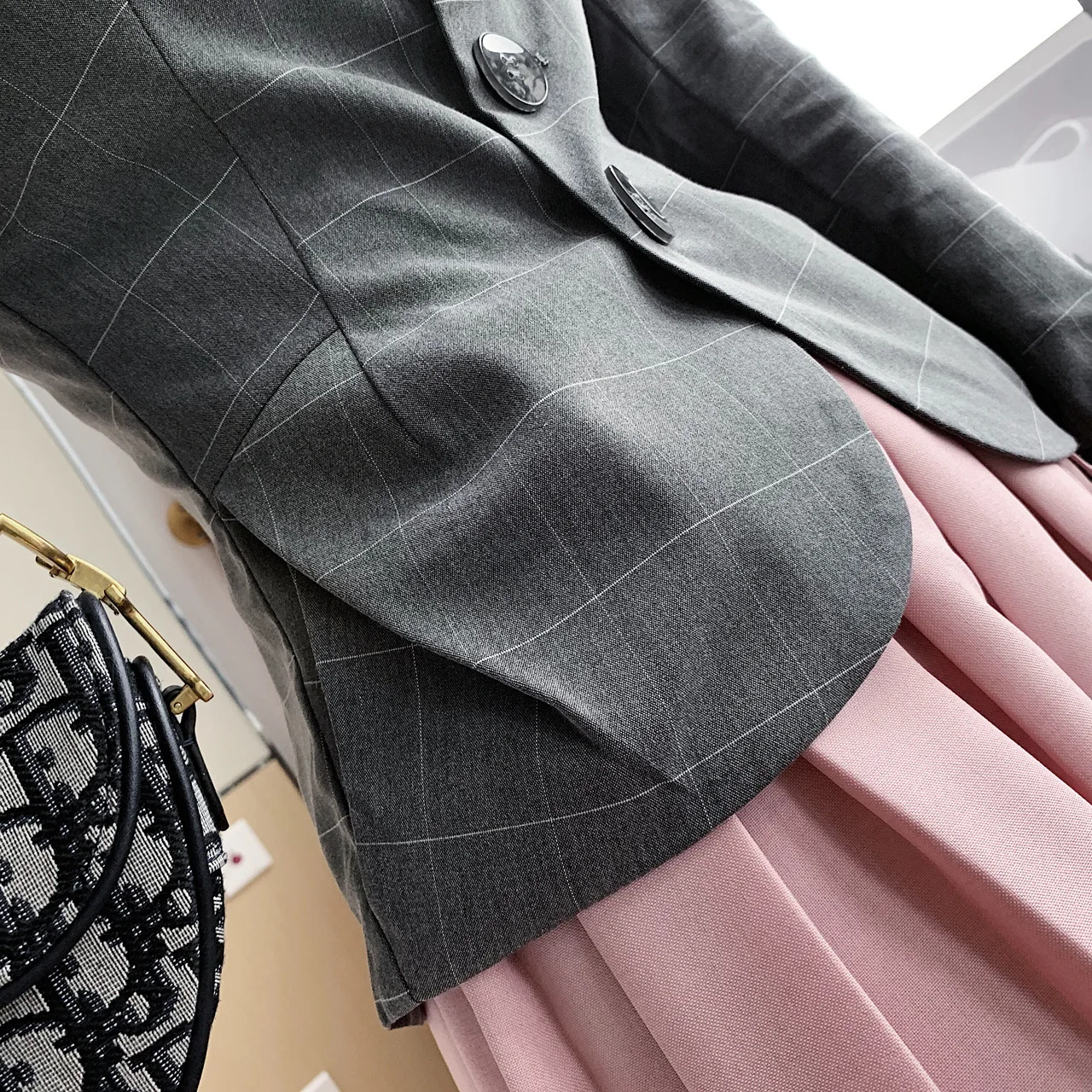 T3746 Spring Clothing New Style Coat Casual Plaid Small Suit Women's Long-Sleeve Fold-down Collar Pattern Slimming Suit Wom