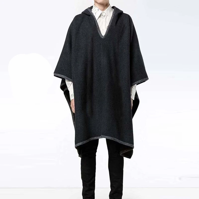 Retro coat men's long section autumn and winter cloak shawl coat tide dark gray hooded cloak wool hooded