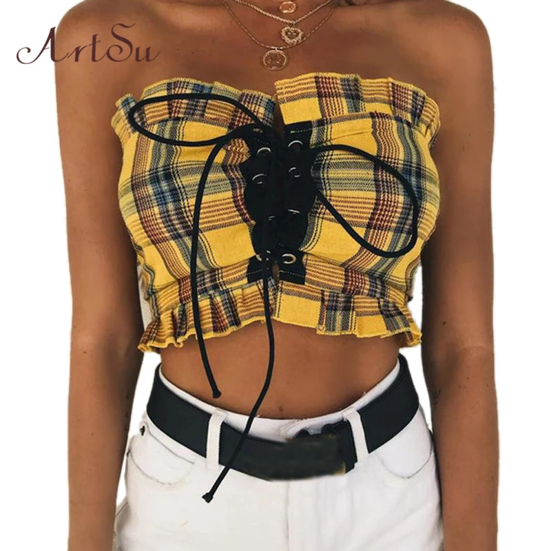 ArtSu Lace Up женский топ на бретелях сексуальный плед с рюшами фитнес желтый укороченный с открытыми плечами открытая спина винтажные Короткие топы ASVE20275
