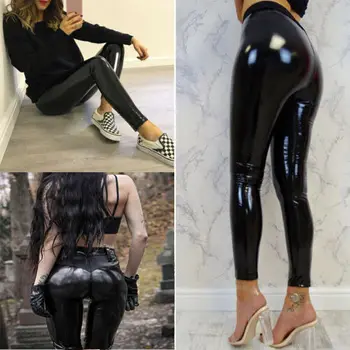 

Sexy Damen Glanz PVC Thermo Skinny Leder Optik Hosen Disco Vinyl Jeans Leggings