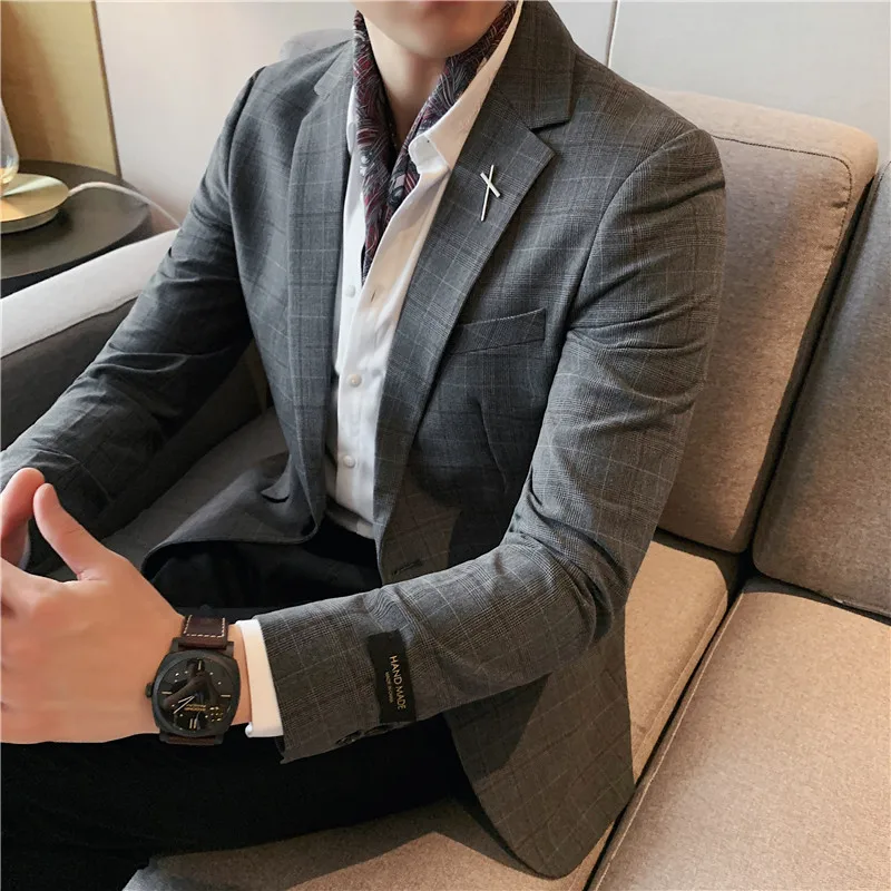 Brand Plaid Men Blazers Wedding Business Casual Suit Jacket Social Office Prom Dress Coat Street Wear Social Blazer Masculino