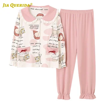 

Spring Autumn Front Pocket Long Sleeve Long Pants Sleepwear Fashion Style Casual Pajamas Set Turn Down Collar Woman Clothes