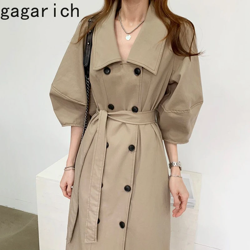 Gagarich Women Elegant Trench Korean Style Chic Retro Lapel Double Breasted Slimming Strap Waist Puff Sleeve Long Coat Lady | Женская