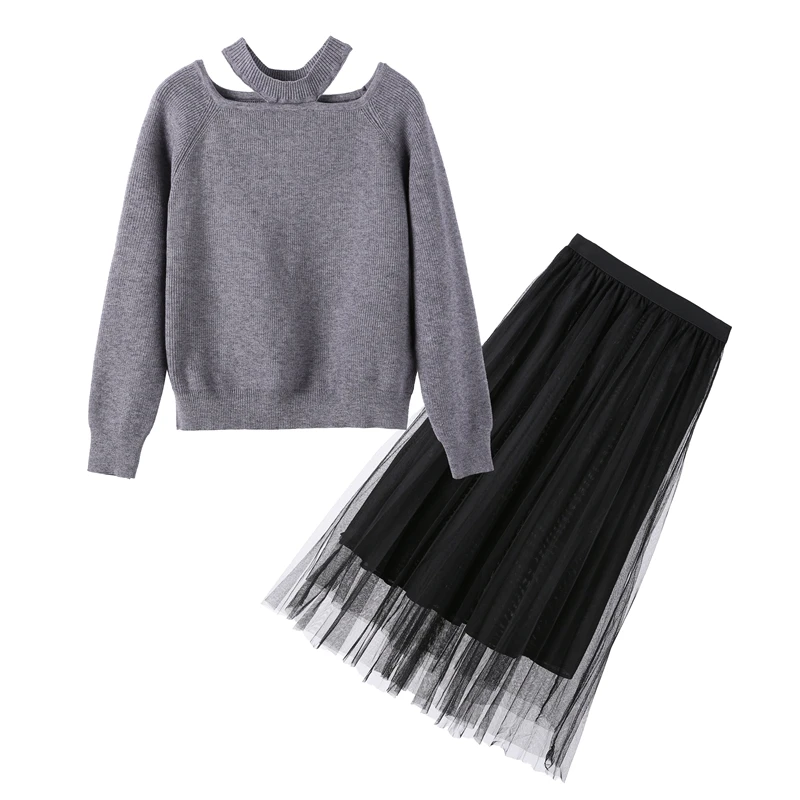 

YOSIMI 2019 Autumn Loose Cotton Full Sleeve O-Neck Pullover Sweater and Mesh Skirt Black Elastic Waist Women Two Piece Outfits