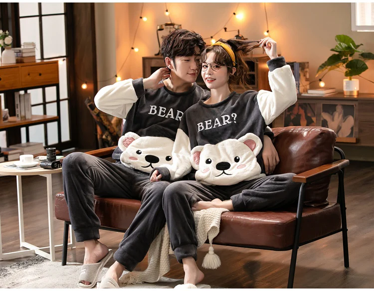 2021 Winter Long Sleeve Couple Thick Warm Flannel Pajama Sets for Men Cute Cartoon Sleepwear Pyjamas Women Homewear Home Clothes silk sleepwear