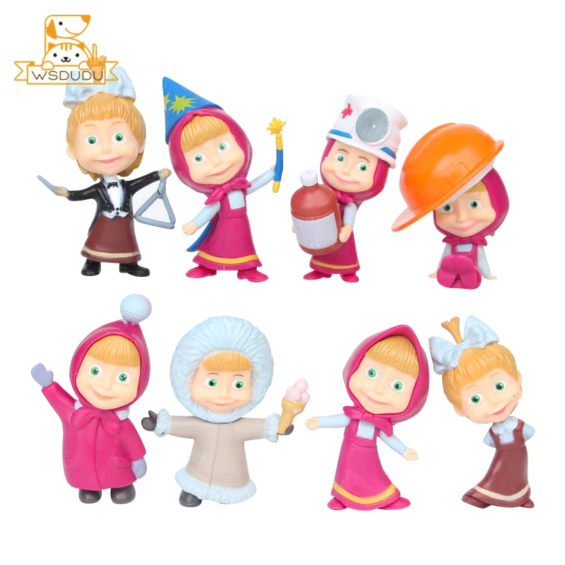 

8PCS Cute Masha Girls Anime Action Figures Toys Cartoon Figurines Sister Dolls Russian Princess For Collectible Baby Model Gifts