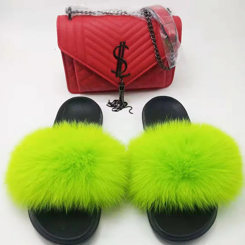 Fluorescent green Женская модная сумка; тапочки из лисьего меха; женские меховые шлепанцы; женская клетчатая сумка через плечо; пушистые босоножки из лисьего меха - Цвет: Fluorescent green