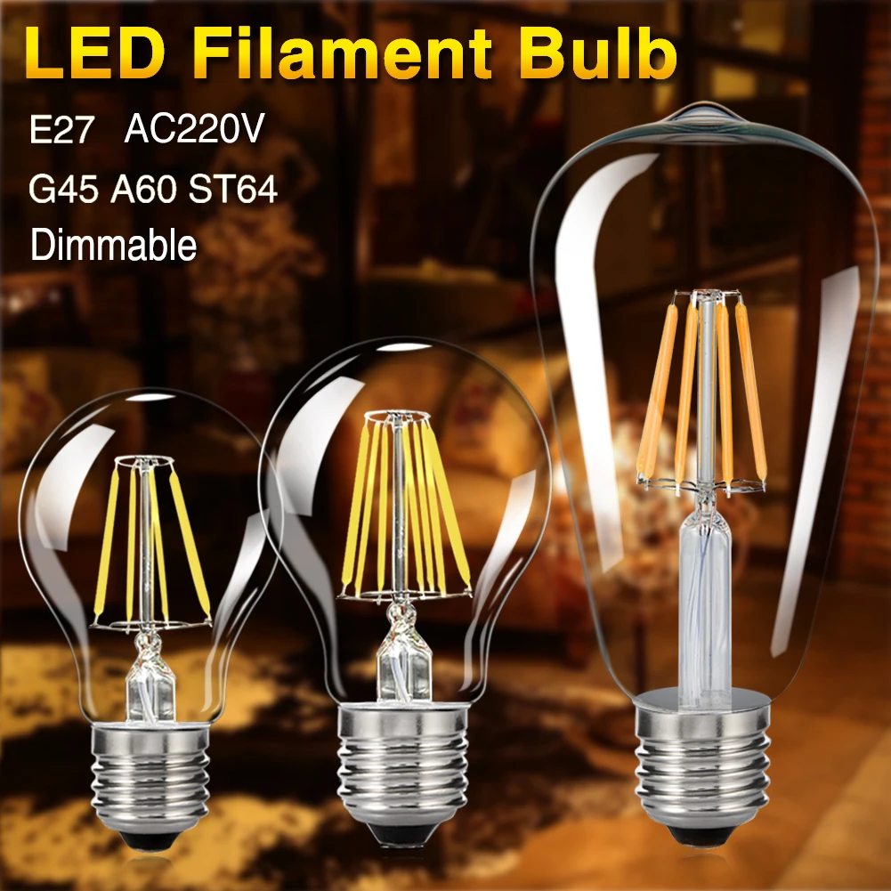 TSLEEN 6Pcs AC 220V 110V Dimmable E27 Retro Edison Led Lamp G45 A60 ST64 Filament LED Bulb Light E26 Candle Lights Energy Saving