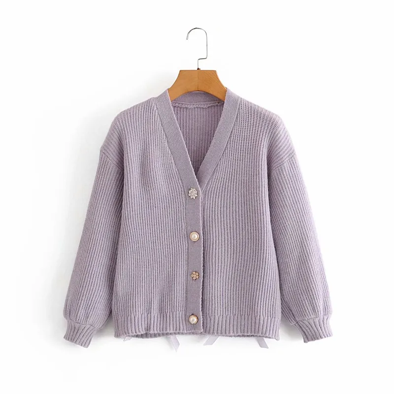 2020 шикарные женские осенние вязаные фиолетовые однобортные кардиганы модные