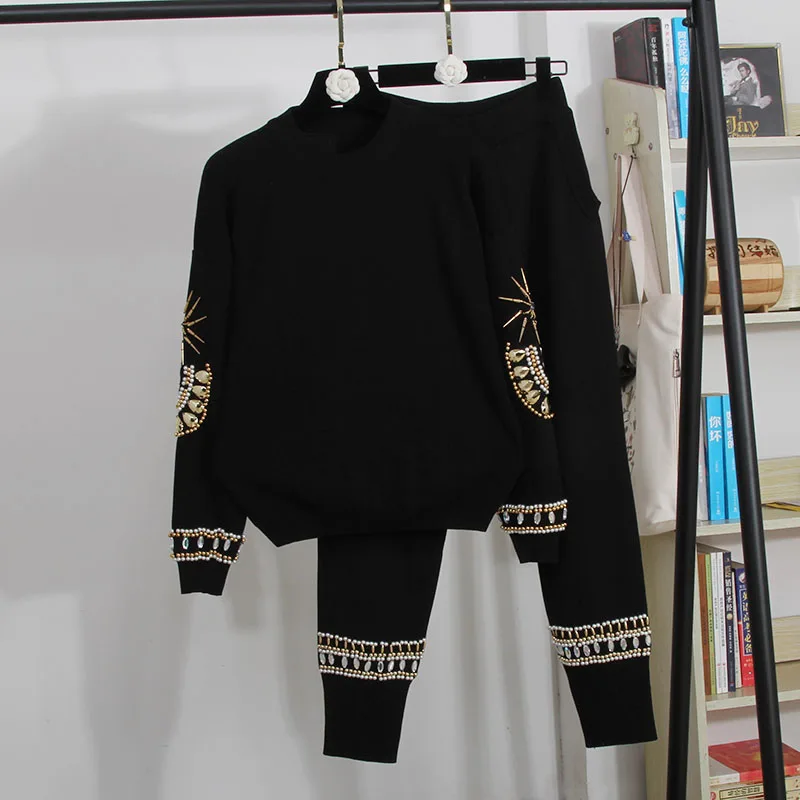 

2019 New Autumn and Winter Women's Retro Bead Knitwear Sweater + Knitted Long Pants Two Pieces Female Loose Trousers Set