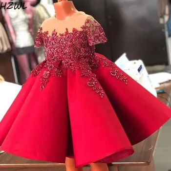 

Cute Red Flower Girl Dresses for Wedding Jewel Neck Lace Beads Appliqued Knee Length Girls Party Dresses Kids Pageant Gowns