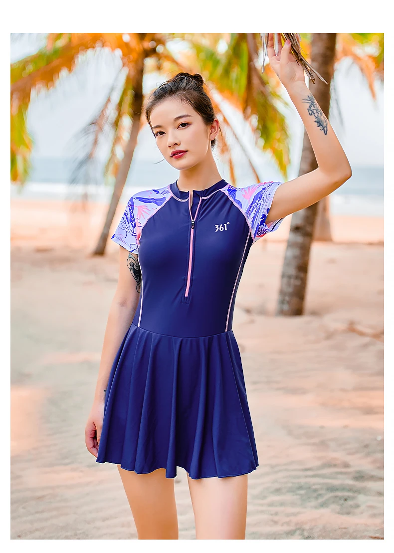 361 Swimsuit Female Summer 2021 One Piece Swim Skirt Short Sleeve Women Swimwear Swim Dress Zipper Stripe Rash Guard