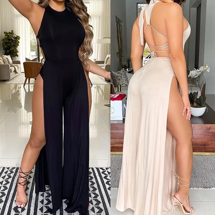 BKLD Women Clothing Sleeveless Round Neck Backless Split Wide Leg Pants Slim Sexy One Piece Workout Jumpsuit Solid Color ardm sexy high waist slash neck pleated jumpsuit women 2022 elegant wide leg pants backless sleeveless asymmetrical jumpsuits