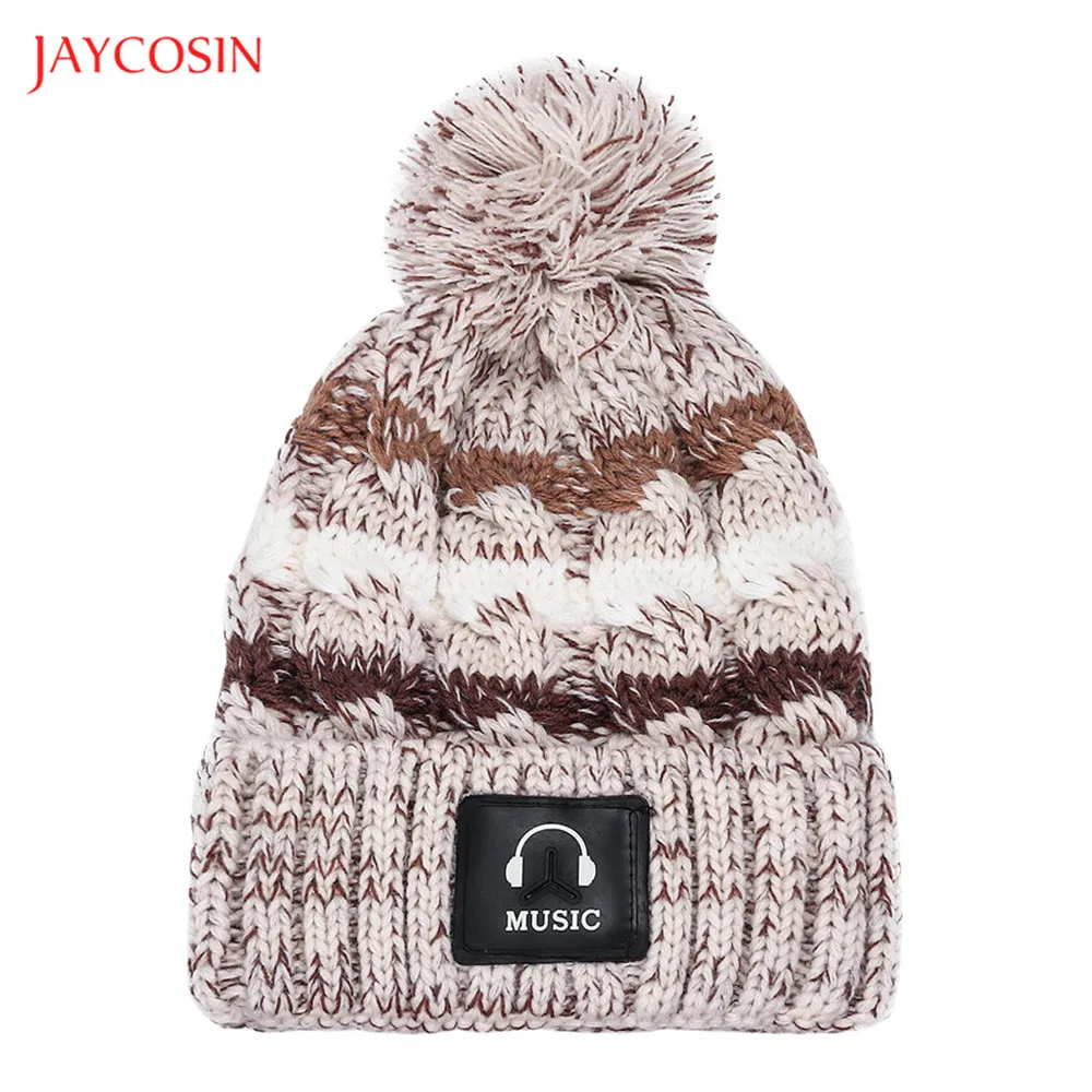 Joycosin, модные женские теплые вязаные шапки, одноцветная утолщенная шерстяная шапка в полоску с большим помпоном, вязаные Непродуваемые шапки, женская зимняя шапка