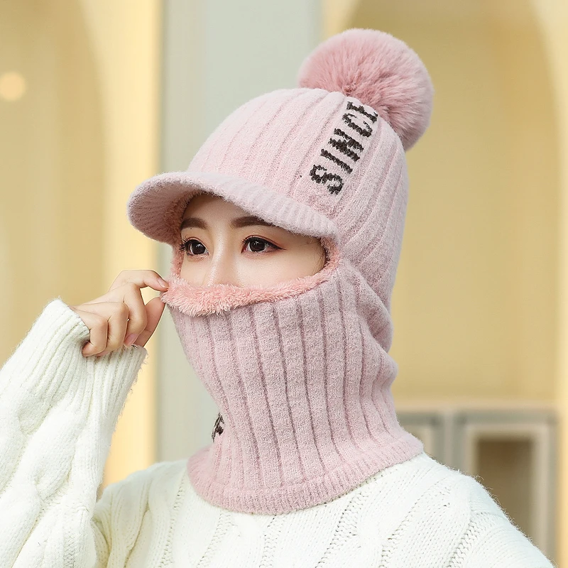 Pink Зимняя женская кашемировая Балаклава, вязаные шапки с полями, вязаные шапки с козырьком, женские утолщенные снежные шапки, маска для шеи - Цвет: Pink