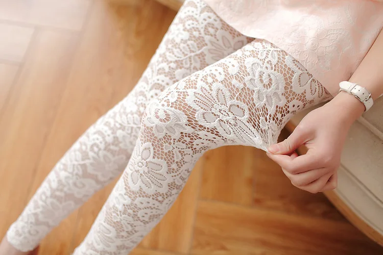 white leggings Plus Size Sexy Women's Pants High Waist Elastic Floral Print Lace Retro Thin Hollow Out Stretch Leggings Fitness Workout Leggins thigh highs