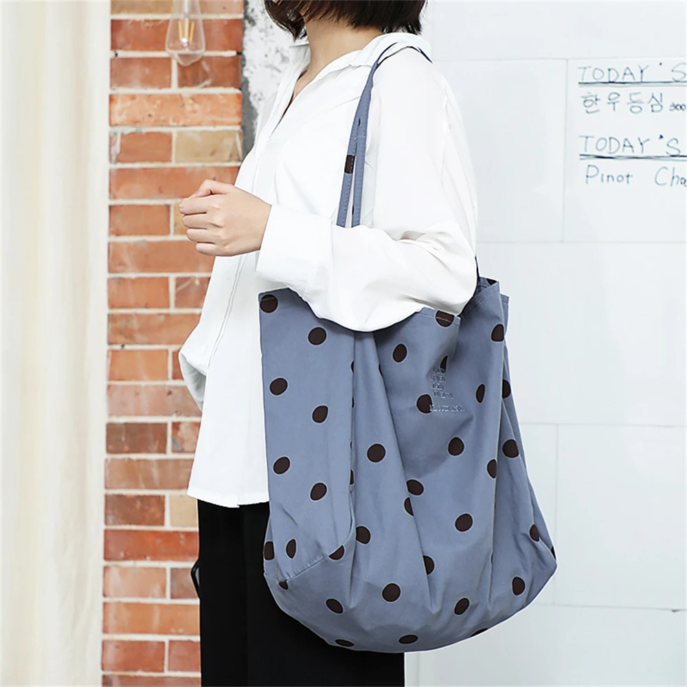 

1PC Retro Lazy Polka Dot Canvas Bag Large Capacity Canvas Shopping Bag Eco Foldable Reusable Shoulder Handbag Tote For Girls