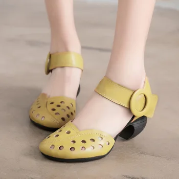 

Women Leather Sandals Coffee High Heels Summer Shoes For Women Embroidery Genuine Leather Retro Women Sandal Brand 2020 Handmade