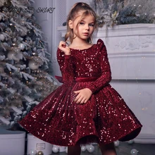 

2022 Burgundy Sequin Flower Girl Dresses Princess Puff Sleeves Children Holy Communion Birthday Party Gown платье для девочки