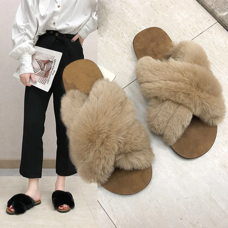 

Fur Luxury Slippers Women Soft Cross Fur Slides Female Home Furry Flat Sandals Female Cute Fluffy House Shoes Brand 2020