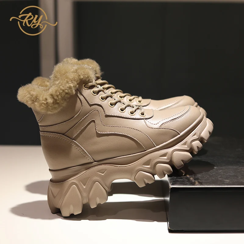 RY-RELAA женские кроссовки; коллекция года; модные кроссовки из натуральной кожи на платформе; зимние высокие кроссовки; роскошная дизайнерская обувь для женщин - Цвет: Apricot