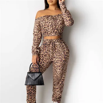 

Women's Leopard Pattern Tracksuit Sets New Long Sleeves Short Tops Trousers Sport Suit Female 2pcs Sports Costume Set Autumn Hot