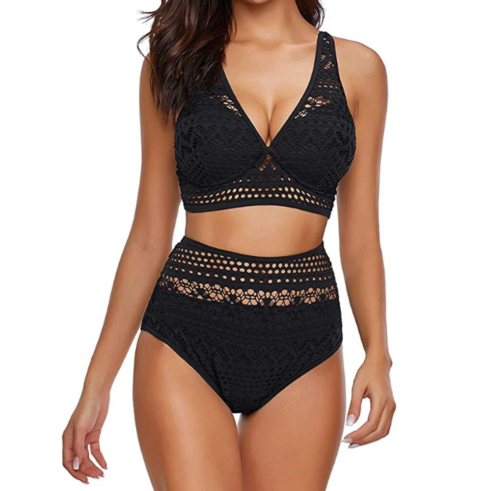 

Black White Lace High Waist Swimsuit Bikini Set Tankini 2020 Sexy Solid Bikinis Women Push Up Swimwear Swim Suits Beachwear S-XL