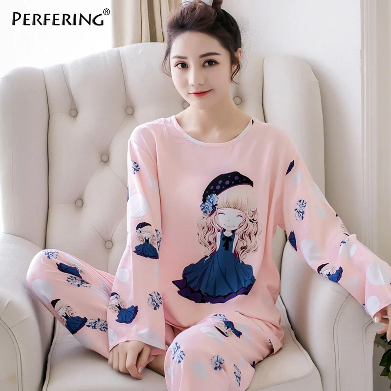 STYLE 2 Perfering розовый пижамный комплект для женщин осень Новая Домашняя одежда Хлопок мультфильм рубашка+ длинные брюки 2 шт. милые пижамы для женщин - Цвет: STYLE 2