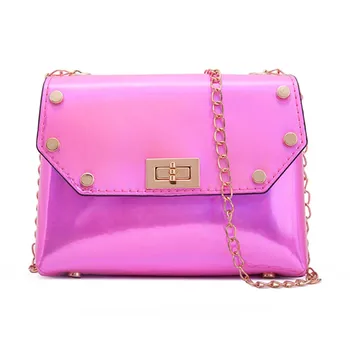 

New Simple Rivet Shoulder Messenger Bag Women's Fashion Laser Small Square Bag Metal Chain Turn Lock Summer Cell Phone Bag
