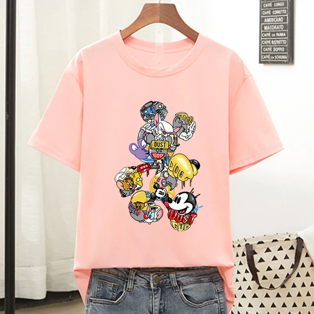 Disney Colorful Mickey Mouse T Shirt Women 2021 Summer Tshirt Graphic Tee Cool Women T-shirt Female Tee Shirt 90s Aesthetic Tops Pink