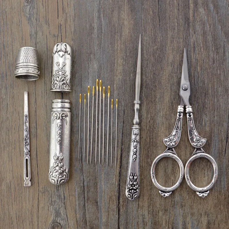 

ZOTOONE 1 Set Exquisite Vintage Retro Scissors Set Scissors+Needle Storage Tube+Awl+Needle Thread+Thimble Diy Sewing Tool E
