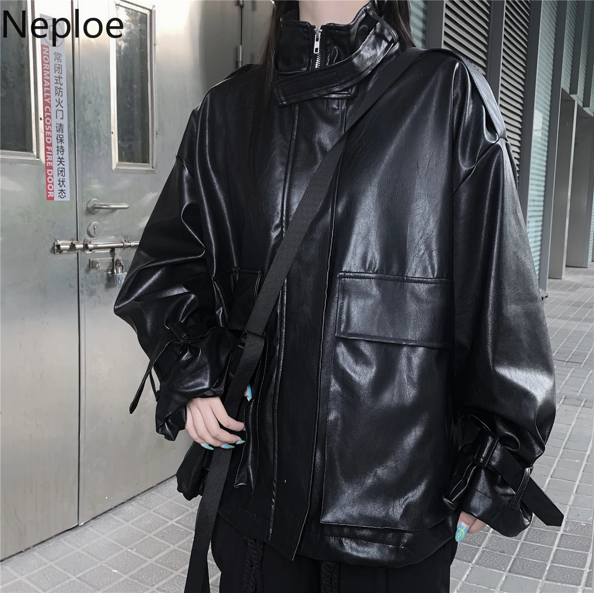 Neploe Harajuku ретро куртка из искусственной кожи Осень Зима корейское женское и мужское пальто черный хип-хоп Повседневная Верхняя одежда на молнии с воротником-стойкой 55783
