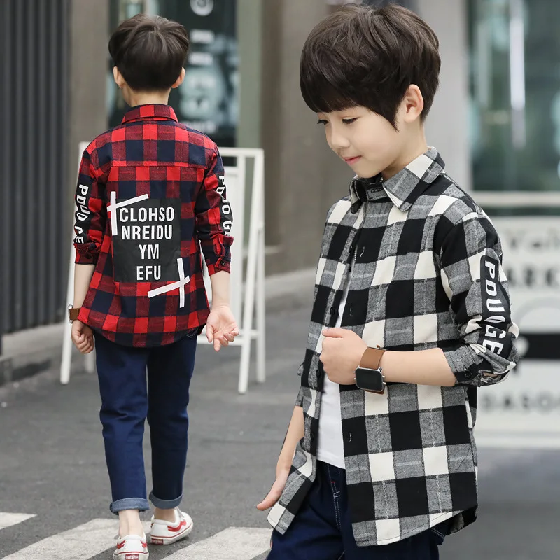 BOY'S Shirt Spring Clothing New Style Children Mid-length Printed Plaid Shirt Big Boy Base Shirt Fashion