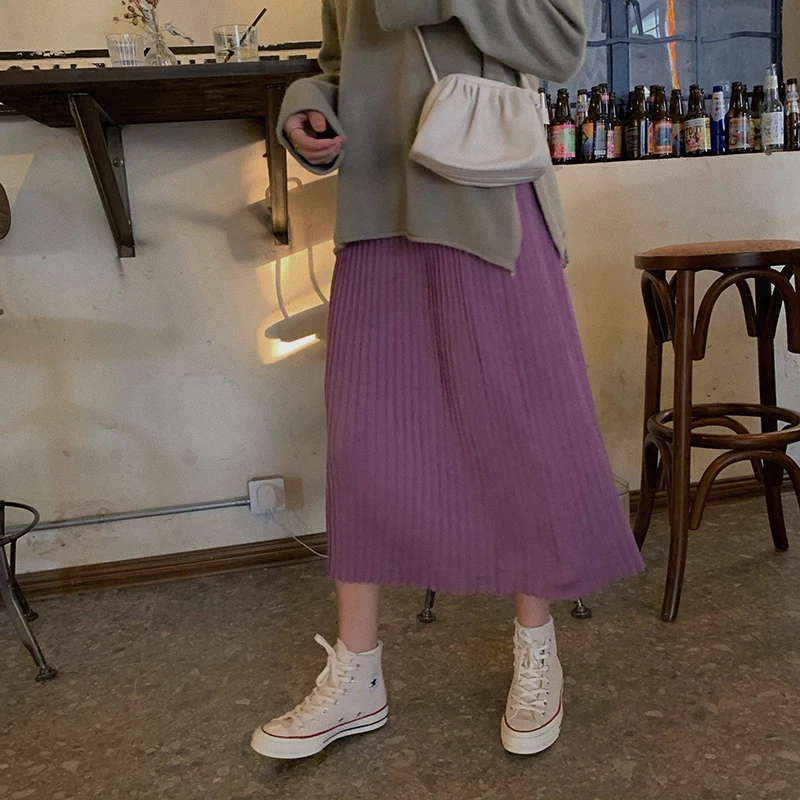 purple skirt Женские элегантные длинные юбки из смешанного хлопка, эластичные юбки с высокой талией в Корейском стиле для вечеринок, женские юбки на осень и зиму - Цвет: purple skirt