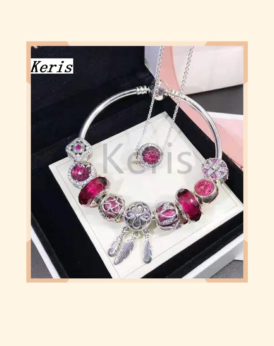 

High Quality Replica 1:1 100%925 Sterling Silver 2019 New Pink Glaze Three-Sided Bead Necklace Bracelet Set Free Delivery