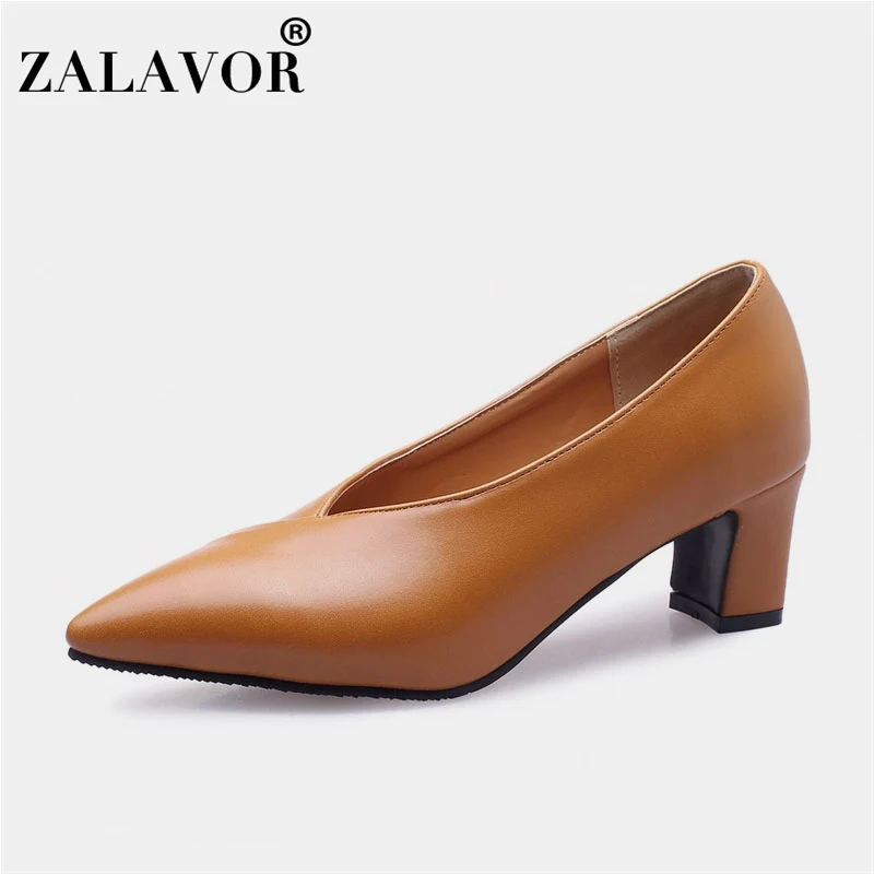 

ZALAVOR Plus Size 28-46 Spring Women Pumps Vintage Pointed Toe Shoes Women Slip On Class Lady Office Thick Heel Female Footwear