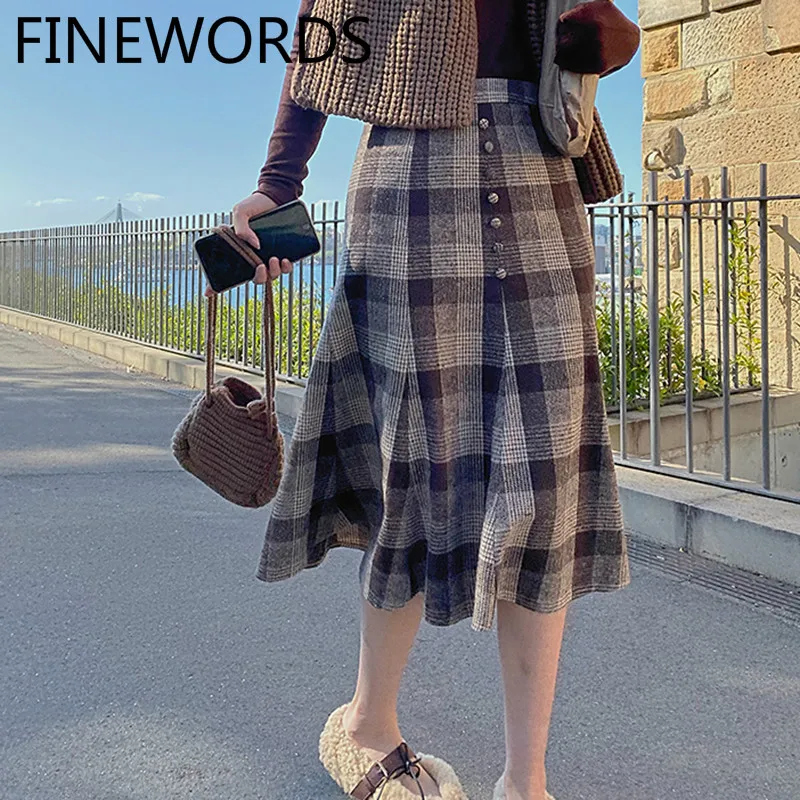 FINEWORDS, винтажные шерстяные клетчатые длинные юбки, корейский стиль, Весенняя кавайная юбка, уличная одежда, повседневные трапециевидные миди юбки с высокой талией, Saia