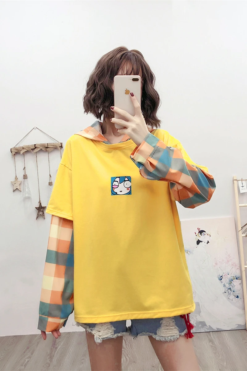 Осенняя новинка, Женская толстовка Kawaii с капюшоном, с графическим принтом, из двух предметов, для студентов, подростков, для девочек, свободные топы с длинными рукавами и капюшоном