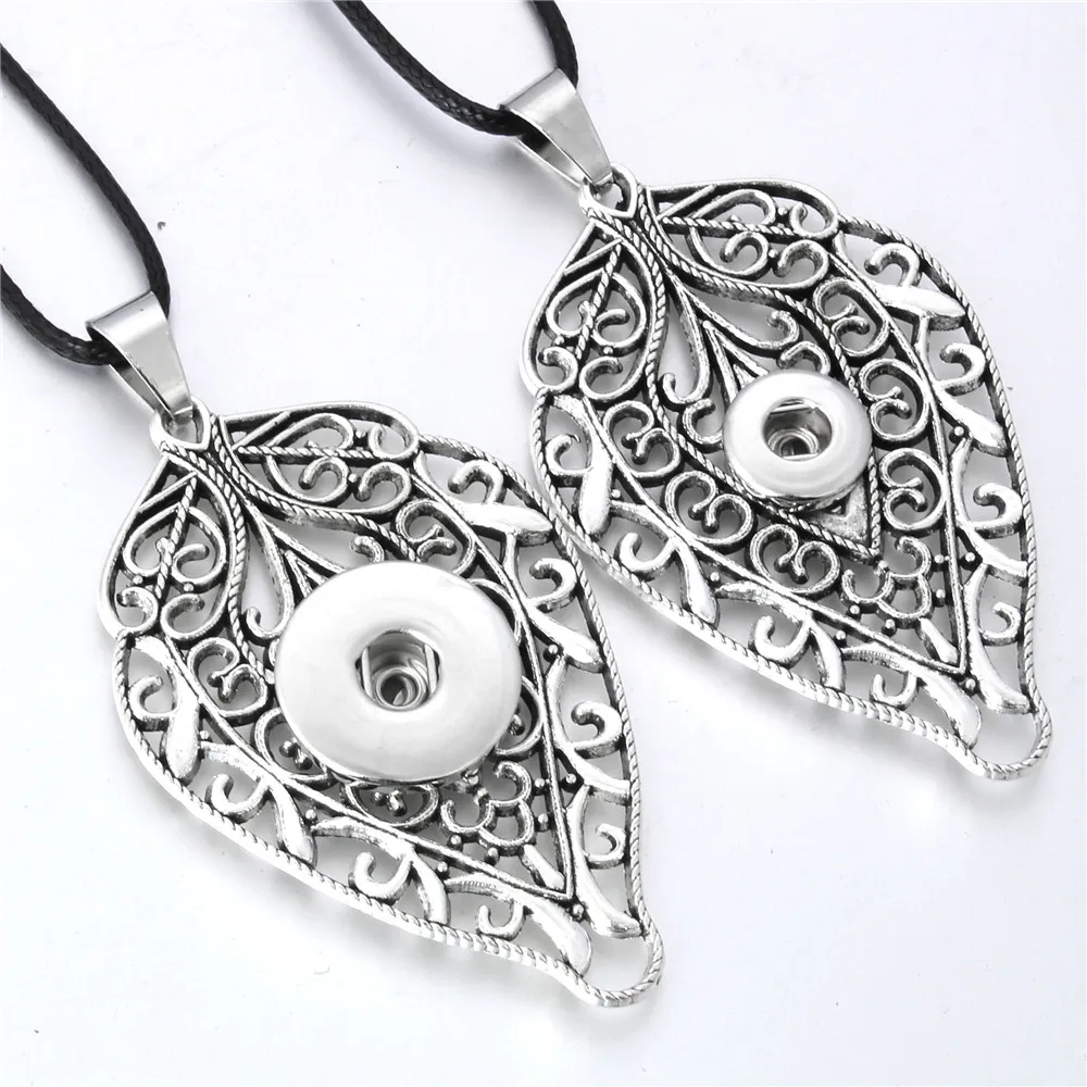 

Snap Jewelry Bohemia Snap Button Necklaces Silver Leaf 12MM 18MM Snap Pendant Necklace Leather Chain Gift