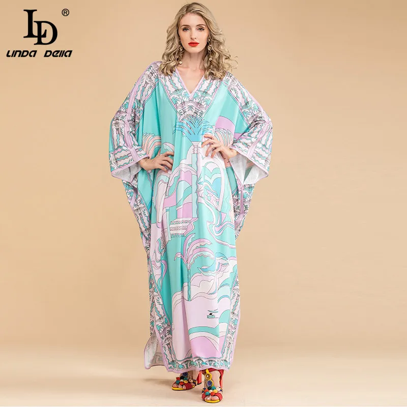 

LD LINDA DELLA Autumn Fashion Loose Plus Size Loose Maxi Dresses Women V Neck Batwing Sleeve Printed Knitting Elastic Long Dress