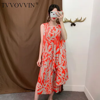 

TVVOVVIN 2020 New Round Neck Sleeveless Printed Leopard Pullover Scarf Covered Fake Two Pieces Dress For Summer Pleated 2TDO