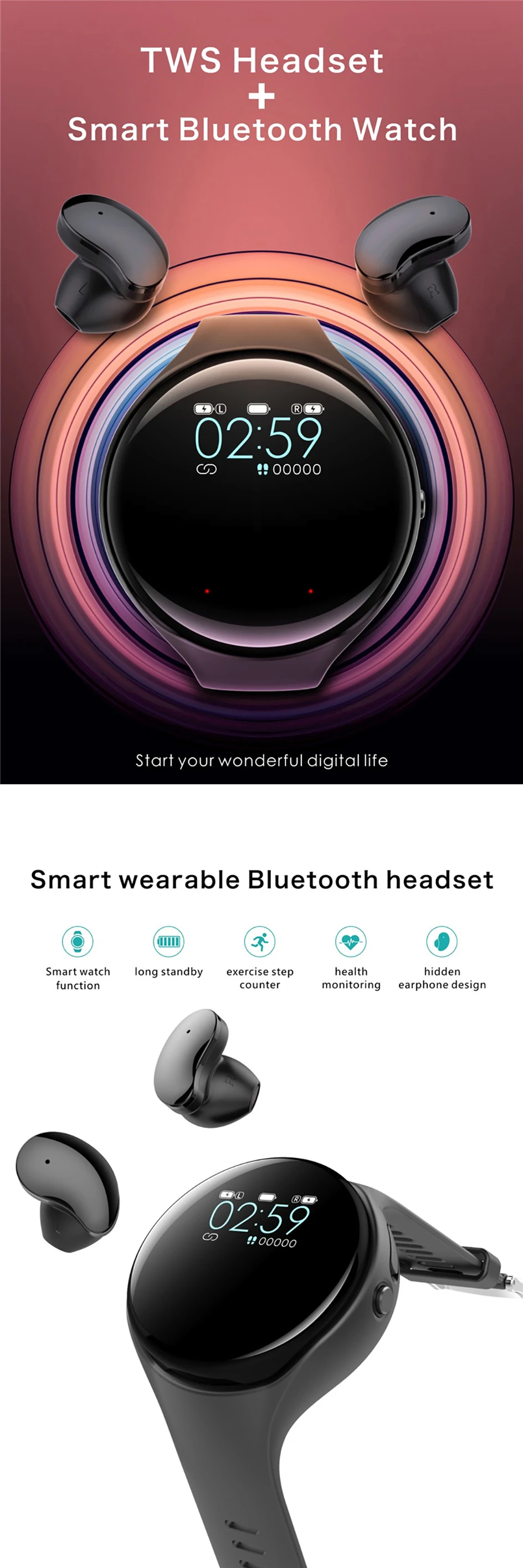 2 em 1 pulso tws bluetooth fones